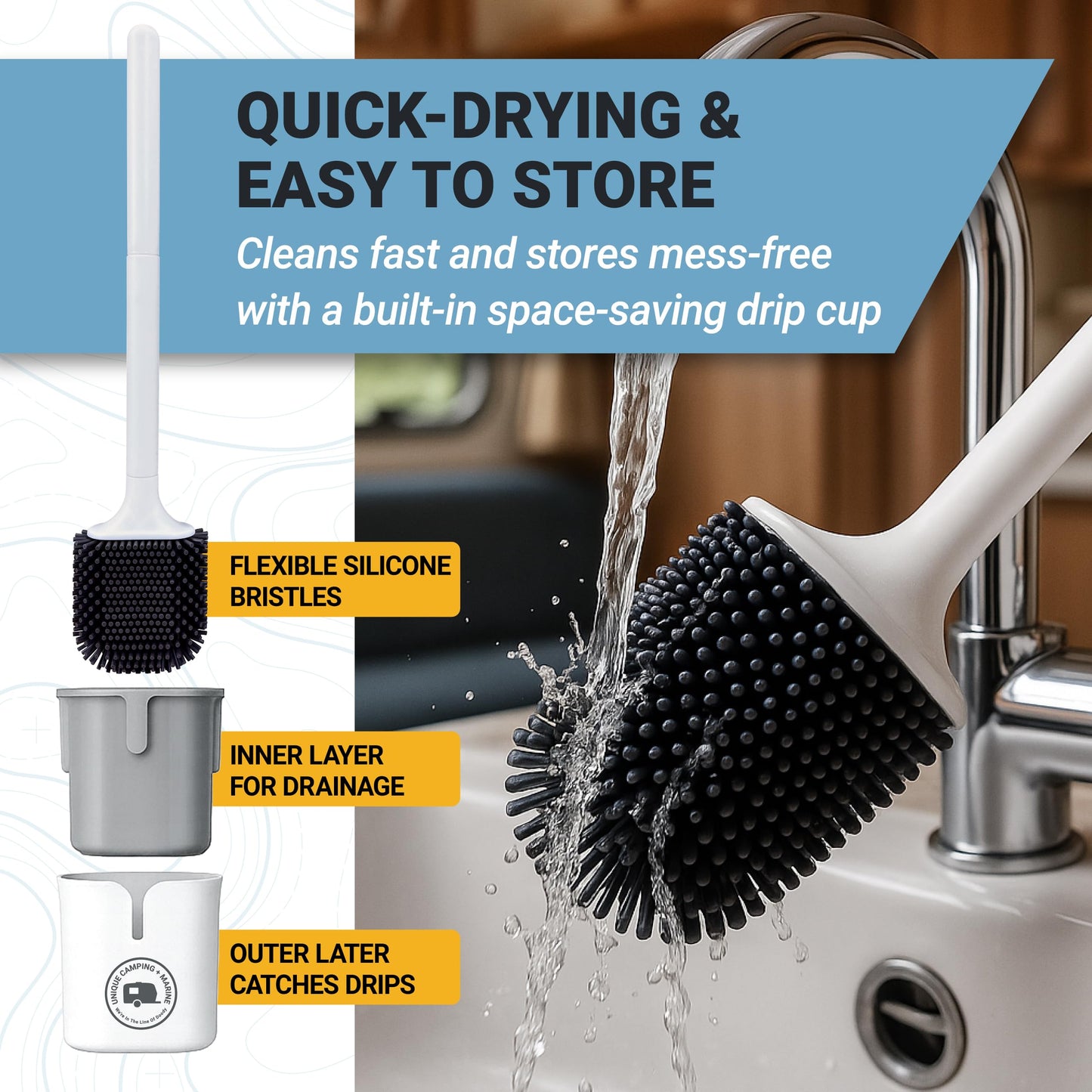 Unique Silicone RV Toilet Brush, Compact, Won't Damage Toilets or Seals, Wall-Mount No-Drip Holder
