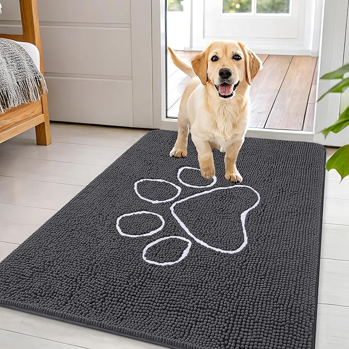 OLANLY Dog Door Mat for Muddy Paws 44x32, Paw Print Design, Absorbs Moisture and Dirt, Absorbent Non-Slip Washable Doormat, Quick Dry Chenille Mud Mat for Dogs, Entry Indoor Entryway Carpet, Dark Grey