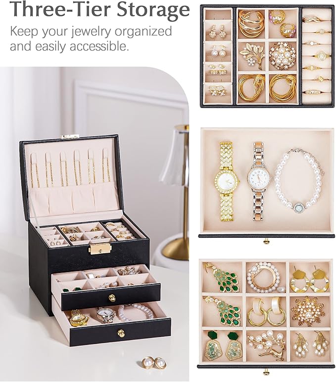 Homde Girls Jewelry Box with Lock: 3 Layer Organizer with Removable Tray - Storage for Ring Necklace Earring - Birthday & Return Gifts for Young Women (Graphite Black)