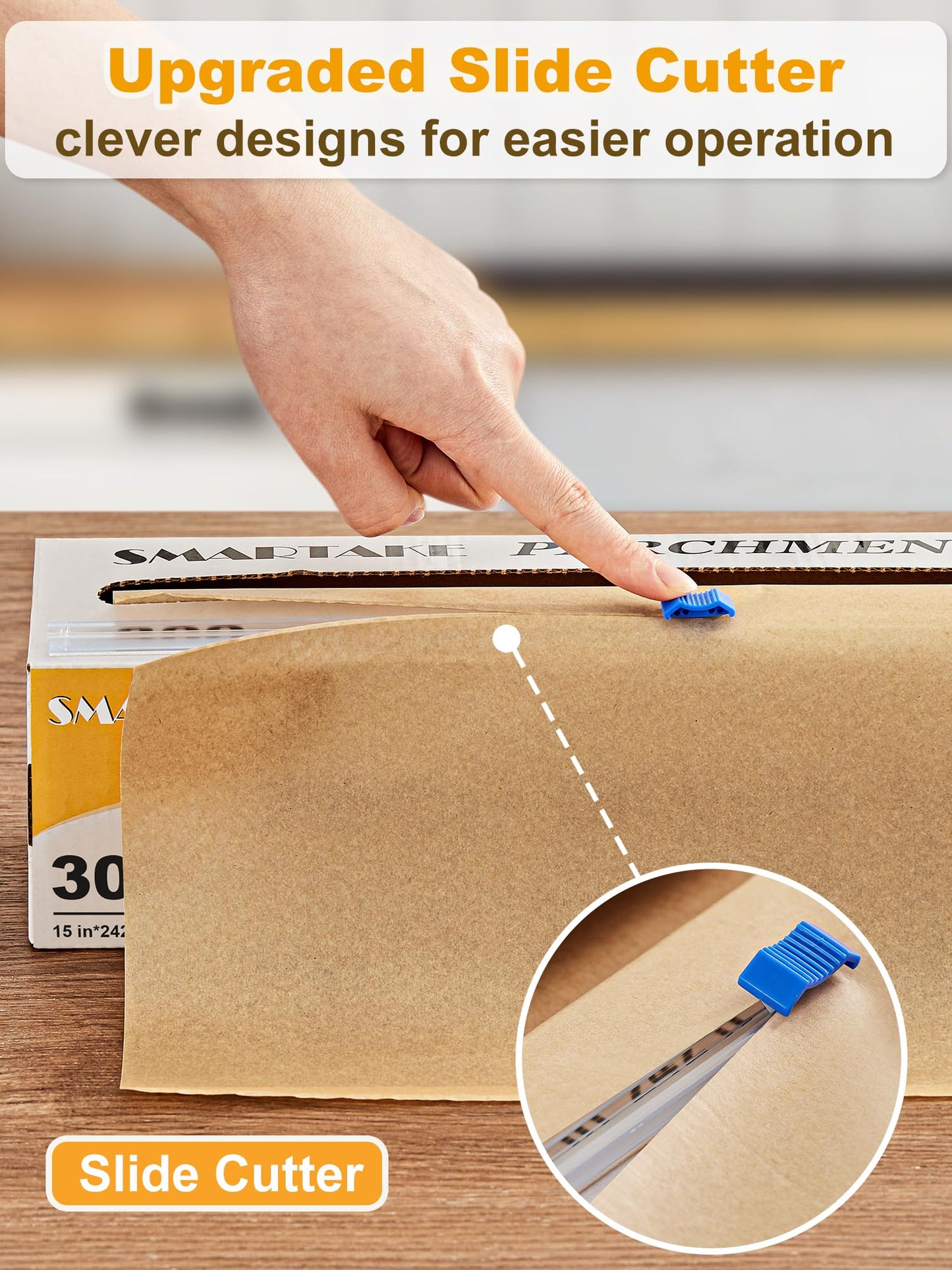SMARTAKE Parchment Paper Roll for Baking, 15 in x 242 ft, 300 sq.ft, Non-Stick Baking Paper Sheets with Slide Cutter, Heavy Duty Extra Long, for Kitchen Baking Cooking Grilling Steaming, Unbleached