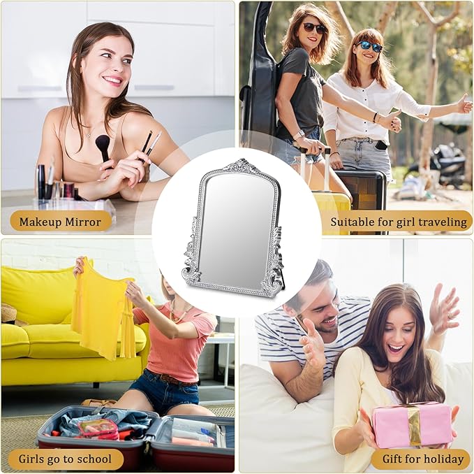 Vintage Makeup Mirror, Vanity Desk Mirror Antique Traditional Tabletop Mirrors, Standing, Hang or Wall Mounted, Adjustable Dress-up Mirrors, Silver Decor for Living Room,Bedroom