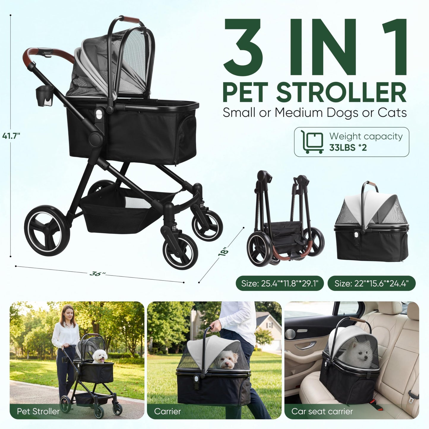Foldable Dog Stroller, 3 in 1 Pet Stroller for Small Medium Dog Cat up to 50lbs, Detachble Portable Pet Bag, Storage Basket and One-Button Folding Frame