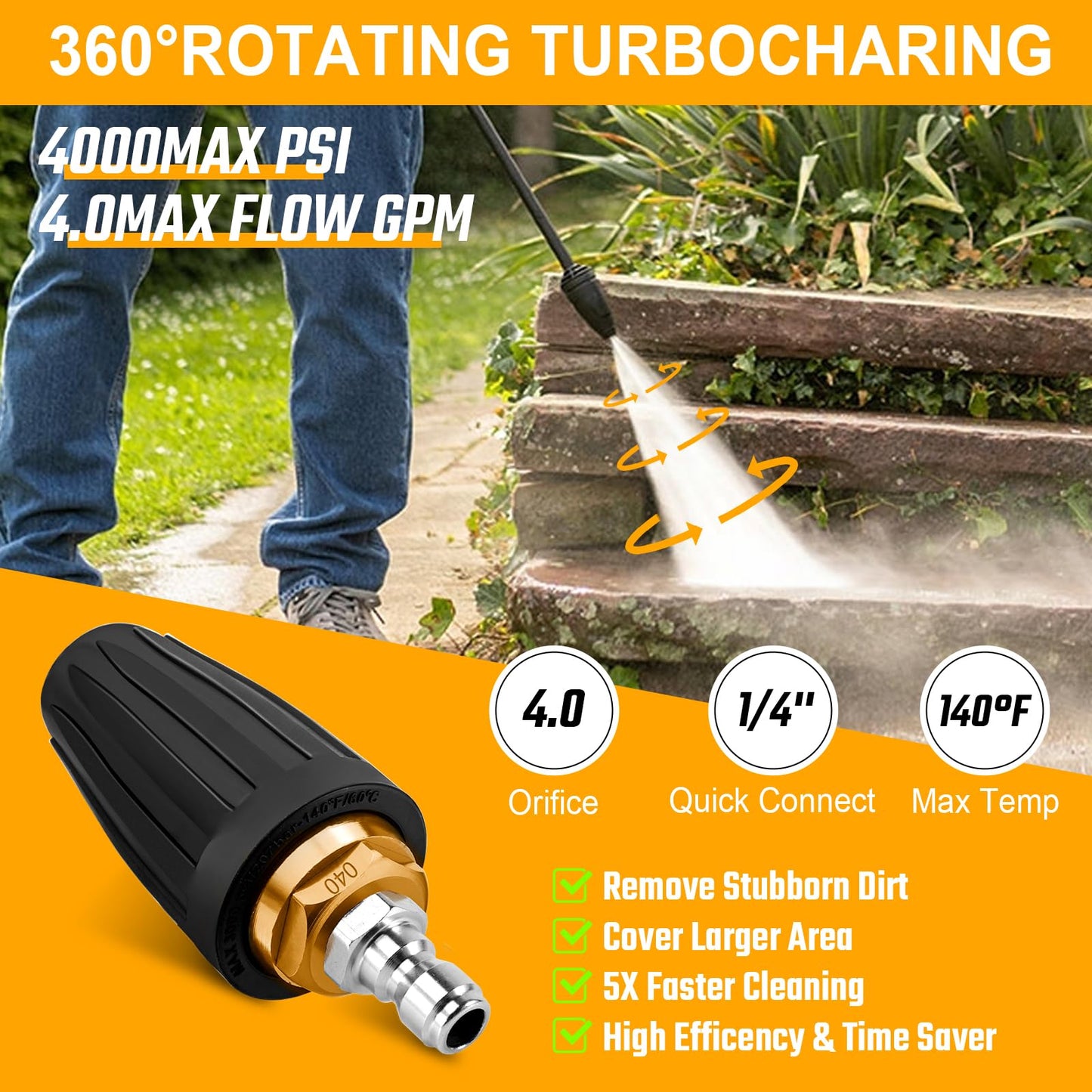 Pressure Washer Turbo Tip Max 4000PSI Turbo Nozzle Kit 360° Rotating Presure Washer Turbo Nozzles 1/4'' Quick Connect with 5 Nozzle Tips Kit Multiple Degrees(0, 15, 25, 40,Soap) 4.0 GPM 4.0 Orifice