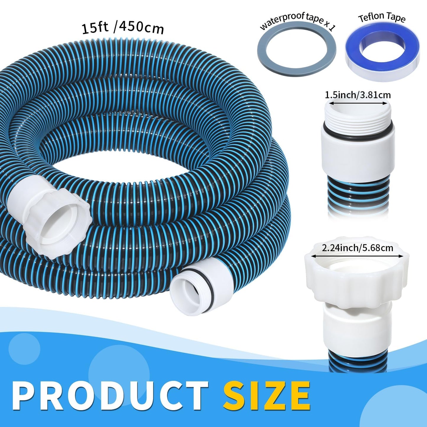 Conderyang 1.5" 15ft EVA Pool Professional Hose with External Male Threads for Above Ground Pools Pump Replacement Hose Pool Supply for Cleaner Kit Heavy Duty Hoses Filter Connection Hoses(Blue)