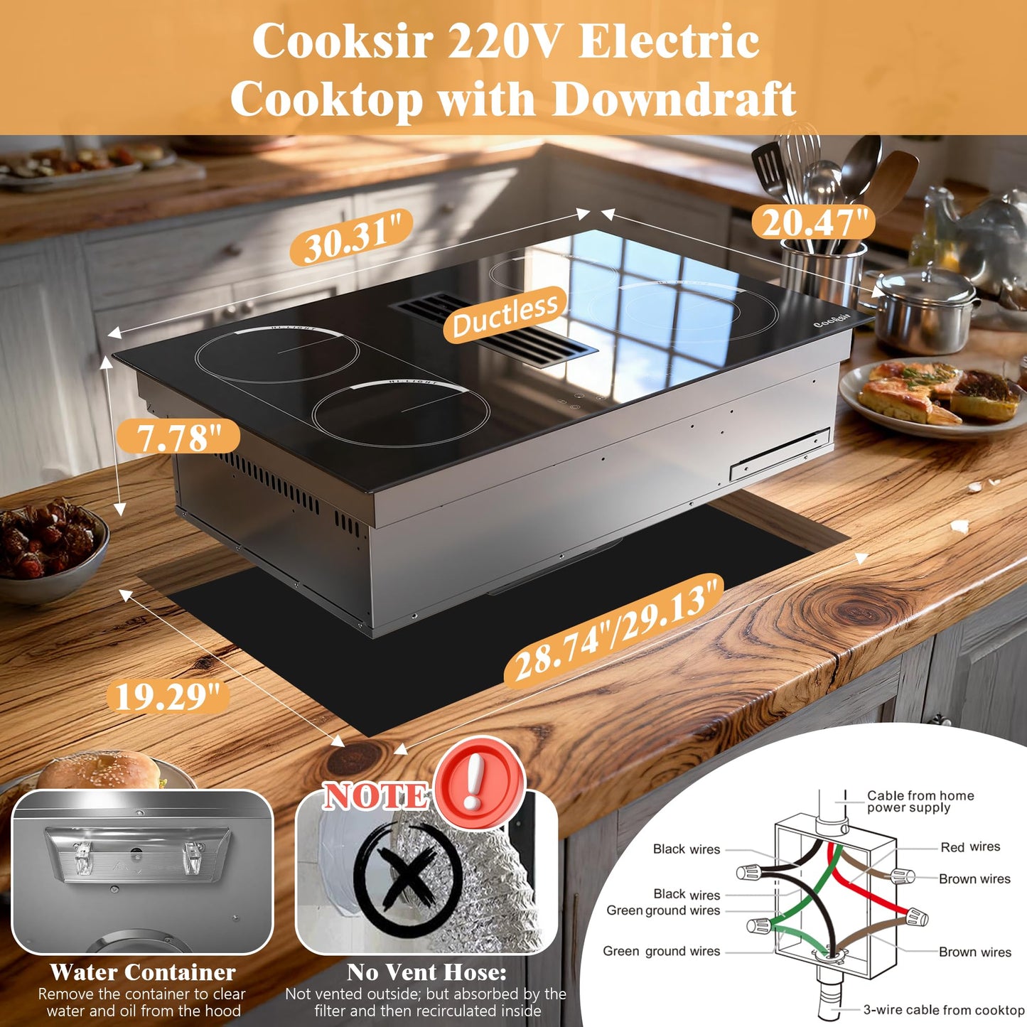 Cooksir 30 Inch Electric Cooktop with Ductless Downdraft - 4 Burner Built-in Stove 7400W, 30" Electric Stove Downdraft Range Hood 135W, Timer, Safety Lock, 220V Hard Wired, Recirculating Air Vent