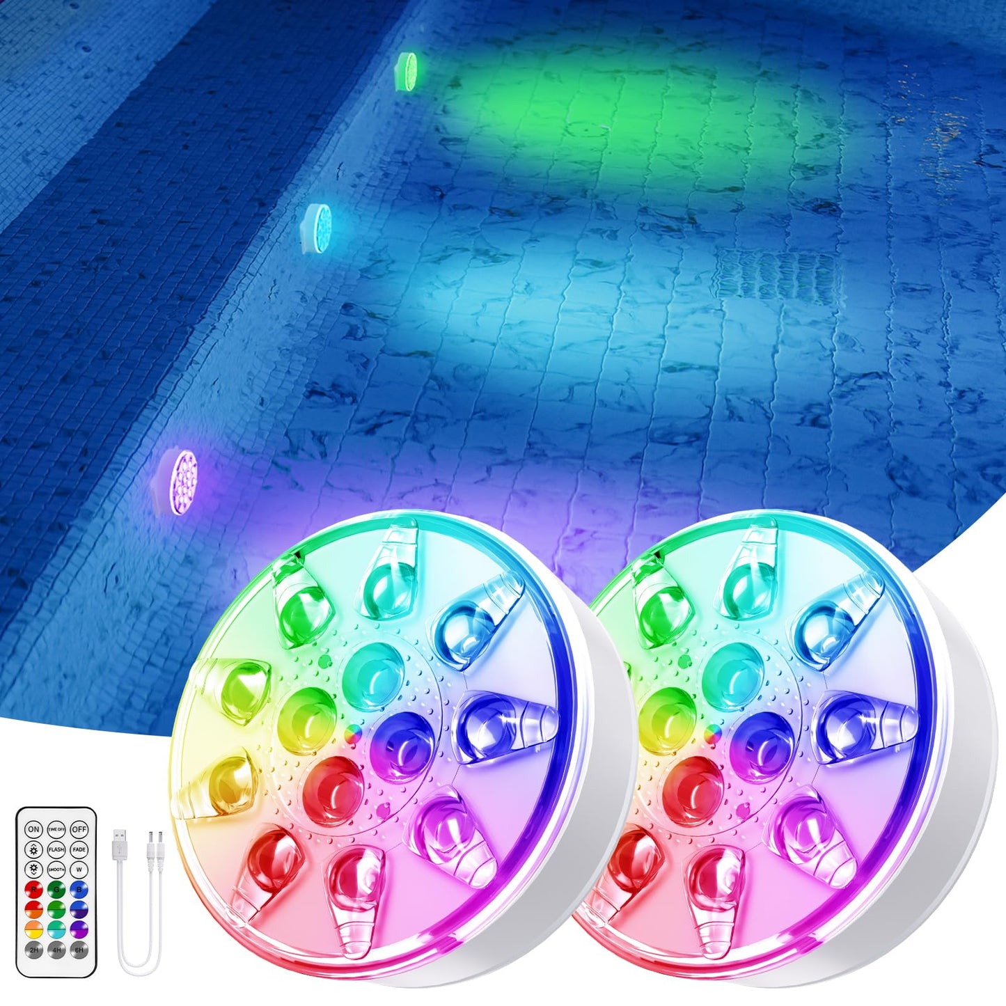 VICHTOP Pool Lights - 2 Pack, Rechargeable Submersible LED Pool Lights with Remote, IP68 Waterproof Underwater Pool Decor Light for Inground Pools, Above Ground Pools, Parties, Hot Tubs, Vase Bases