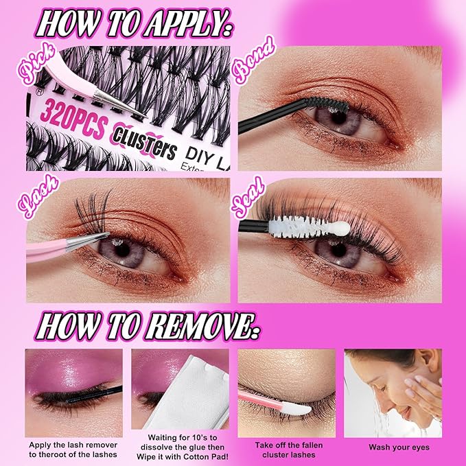 Yawamica DIY Lash Extension Kit 320pcs Individual Lashes Cluster, 9-16mm Mix 30D 40D Eyelash Clusters Wispy Lash Clusters Kit with Bond and Seal and Remover and Lash Applicator for Beginners