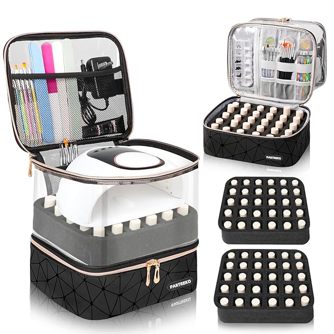 Clear Nail Polish Organizer Holds 60 Bottles (15ml/0.5fl.oz)& Nail Lamp, Double Layer Nail Supplies Organizer Case Transparent, PU Leather Nail kit Storage Bag for Manicure Tools (Black)