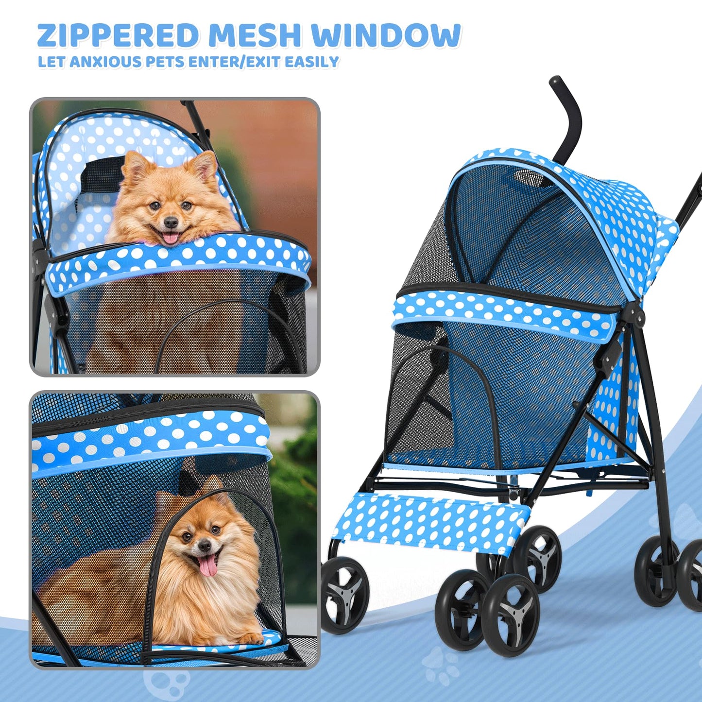 Magshion Compact Pet Stroller for Small-Medium Dogs/Cats up to 22lbs, 4-Wheel Lightweight Umbrella Shaped Portable Puppy Travel Jogger with Breathable Mesh & Rear Storage, Sky Blue Polka Dots