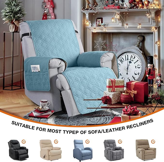 VANSOFY 100% Waterproof Recliner Chair Covers, Recliner Cover Non-Slip Dog Chair Cover Furniture Protector Washable Slipcover with Pocket, Elastic Straps for Pets, Dogs(Azuree, 22")
