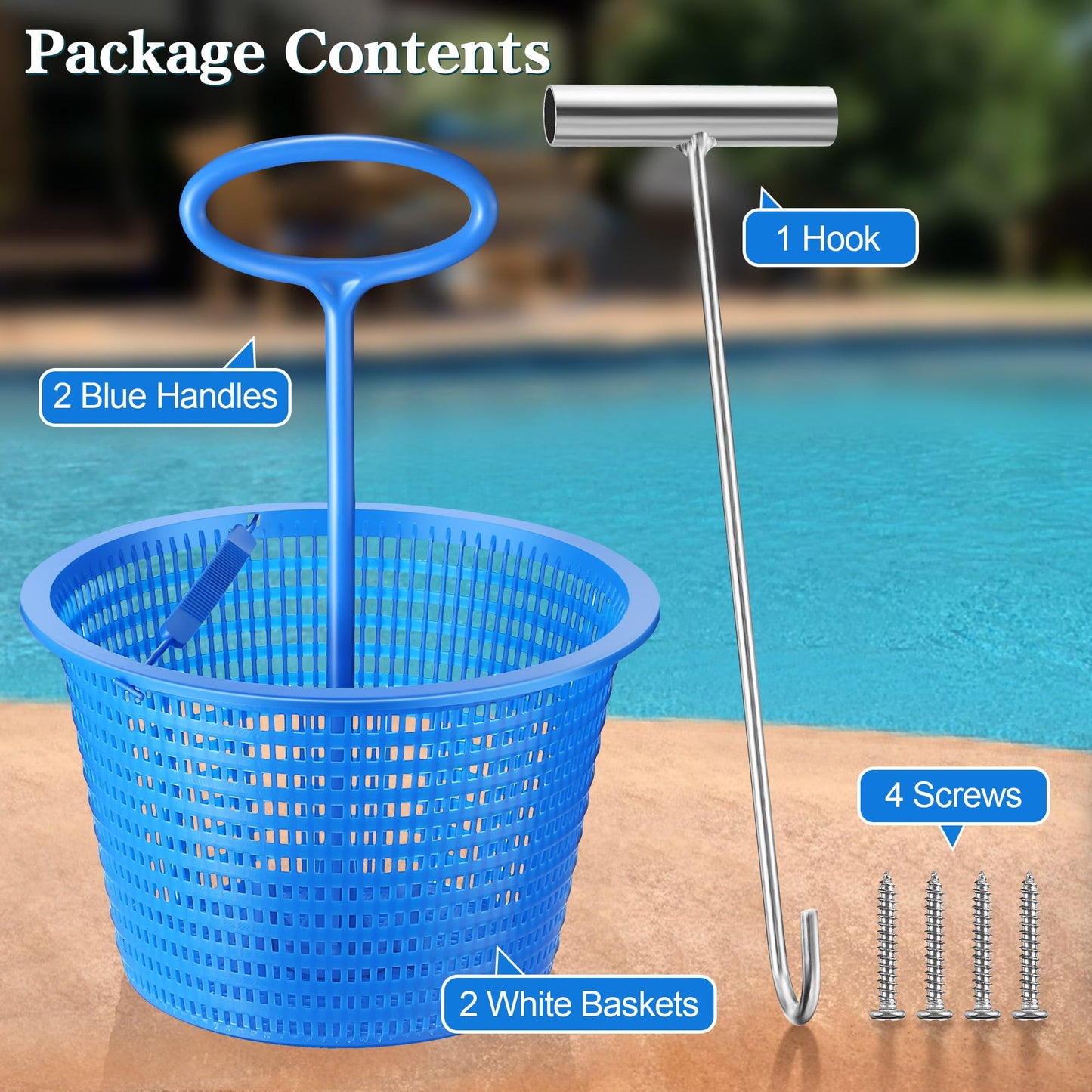 Saillong 2 Set 8" Pool Skimmer Basket for Inground Pool with 2 Skimmer Baskets Handle and 1 Stainless Steel Hook, Blue Universal Pools Filter Basket Skimmers for Debris Removal, Keep Hands Clean