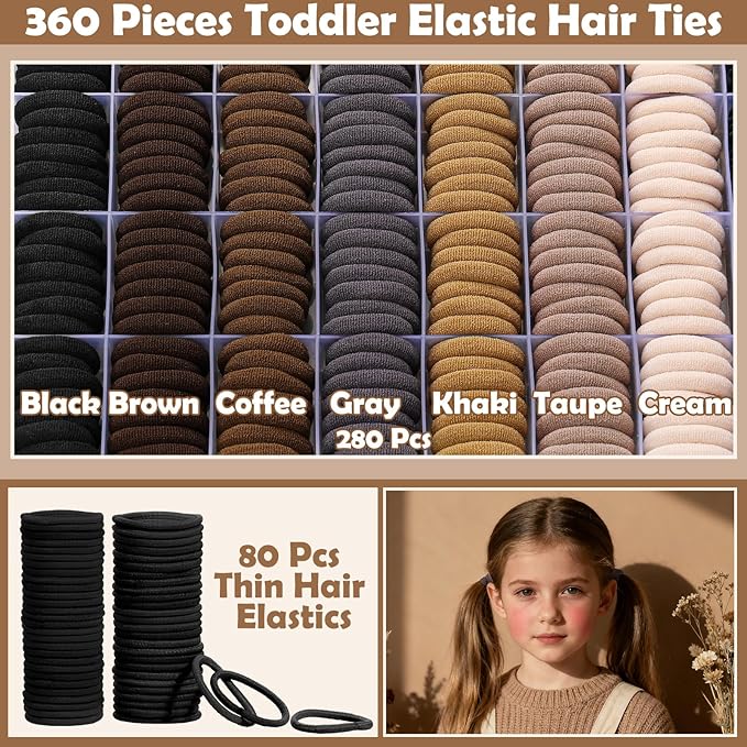 Hair Accessories for Girls - 360 Pieces Cotton Toddler Hair Ties Brown Ponytail Holders, Hair Clips and Hair Tail Tools, Neutral Colors