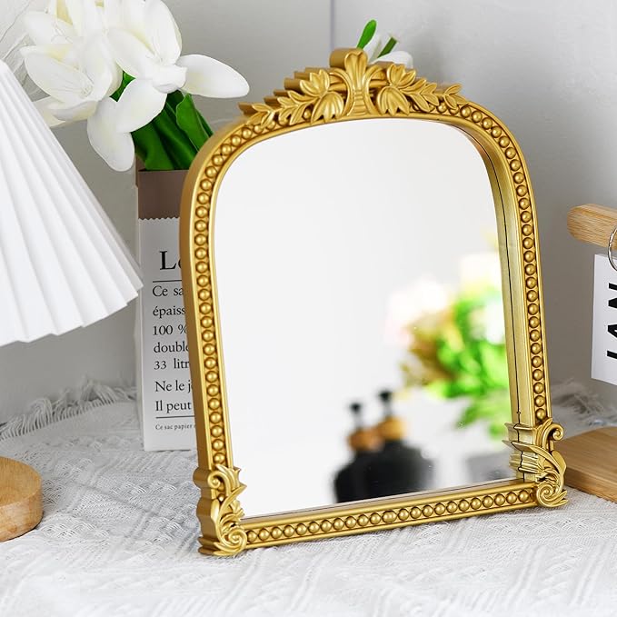 Gold Plastic Arched Makeup Mirror, Standing, Hanging or Wall Mount, Bathroom, Living Room, Bedroom Gold Decorative Mirror (10.6x8.6 inch)