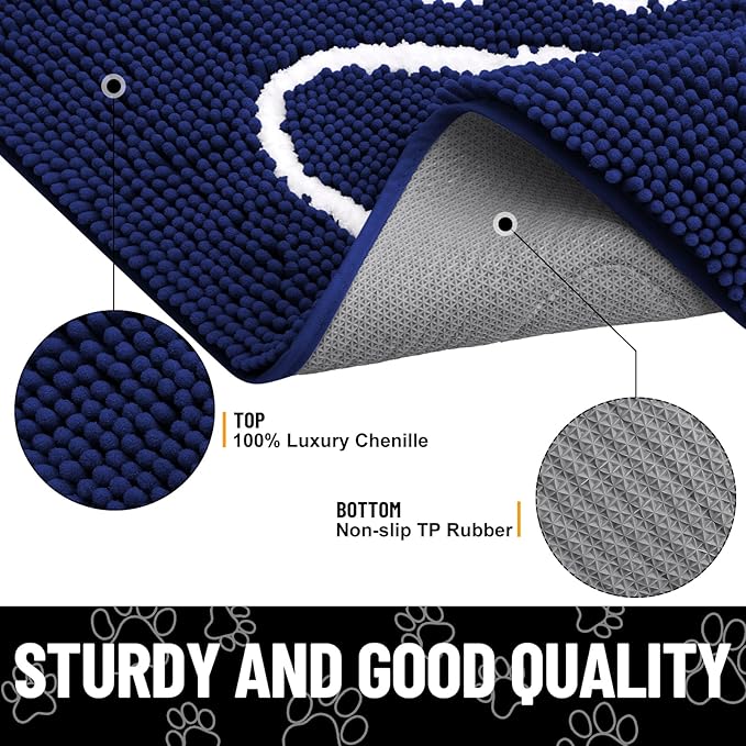 Smiry Dog Door Mat for Muddy Paws, Absorbent Dirt Trapper Non Slip Quick Dry Washable Chenille Mat for Mud Dogs, Entry Rug for Indoor and Outdoor (36x24 Inches, Navy Blue and White)