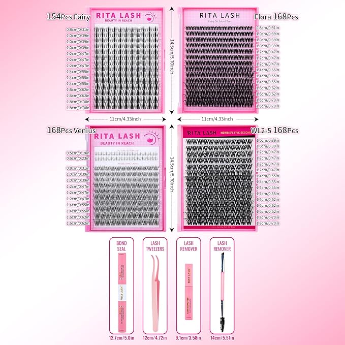 Lash Clusters Kit Eyelash Clusters Kit Fairy Cluster Eyelash Extensions Large Pack Lashes Clusters Lash Extension Kit PestaÃÂ±as Postizas Naturales+Lash Bond&Seal,Remover,Tweezers,Brush(Lash Kit-8)