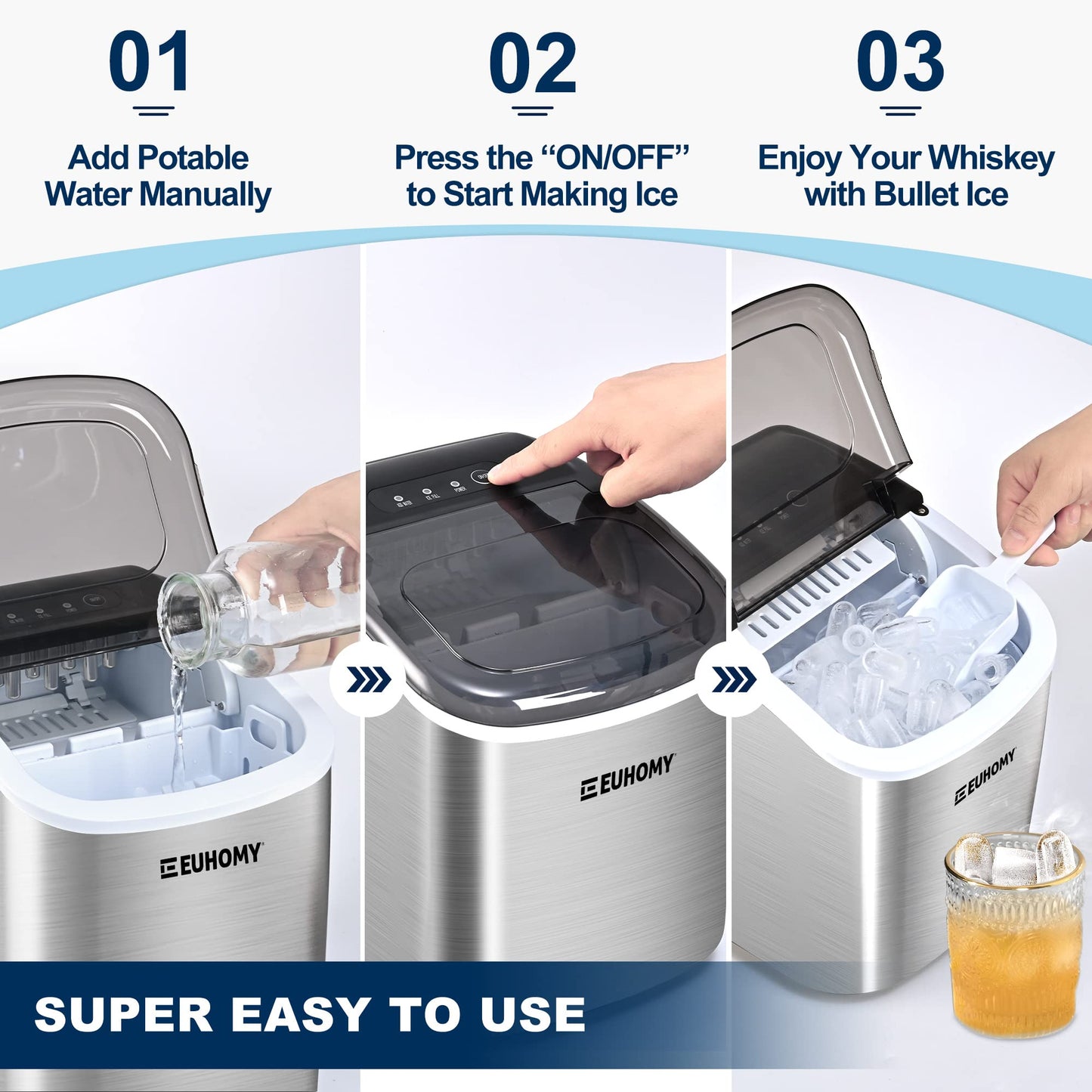 EUHOMY Ice Maker Machine Countertop with Handle, 26lbs/24H, 9 Bullet Ice Cubes Ready in 6 Mins, Auto-Cleaning, Portable Ice Maker with Basket and Scoop, for Home/Kitchen/Camping/RV. (Silver)