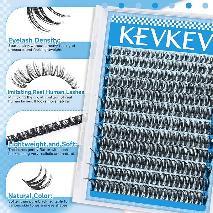 KEVKEV Lash Clusters Flora Eyelash Clusters 8-18mm Lashes Clusters 144pcs Soft Cluster Eyelash Extensions Ultra-Thin Band Ultra-Light Natural Look Natural Lash Clusters DIY Lash At Home(K03)
