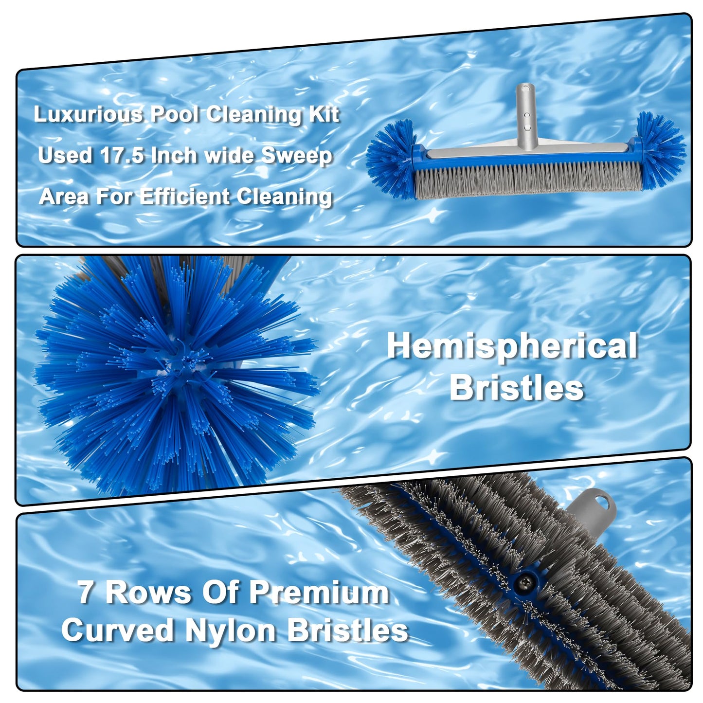 Ahomdoo Pool Cleaning Kit Professional Heavy Duty Leaf Skimmer Net, Deep Bag Rake & Wall Scrubber Brush, 4-Piece Pool Cleaning Equipment Set for Above Ground & Inground Pools (Pole Not Included)