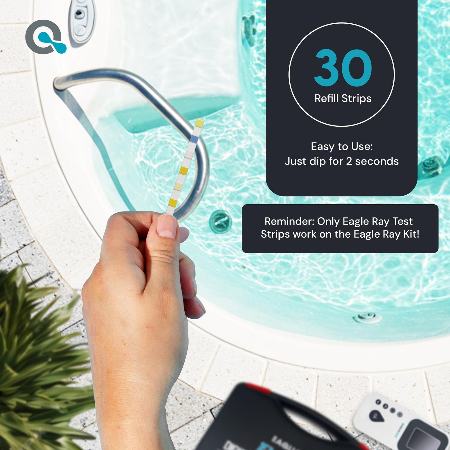 Eagle Ray Digital Spa Water Test Kit by AquaDoc with Digital Water Tester and 30 hot tub Test Strips for Chlorine, Bromine, Total Hardness, Cyanuric Acid, Alkalinity, and pH