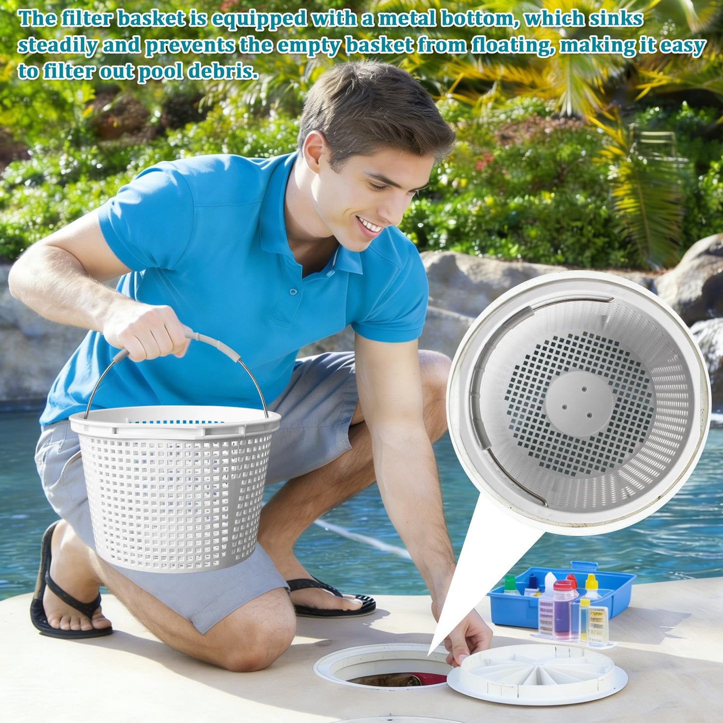 SAQXK 8" Pool Skimmer Basket for Inground Pool, Replacement for Waterway 542-3240/542-3240B Compatible with Bermuda Gunite Pentair U-3 Skimmer Basket 516112 Pool Basket with Stainless Steel Handle