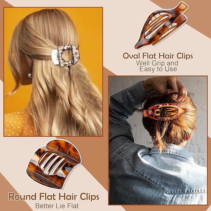 8 Pcs Flat Hair Clips for Women, 2 Styles French Flat Claw Clips for Women, Large Strong Hold Hair Claw Clips For Thick Thin Hair(Tortoiseshell)