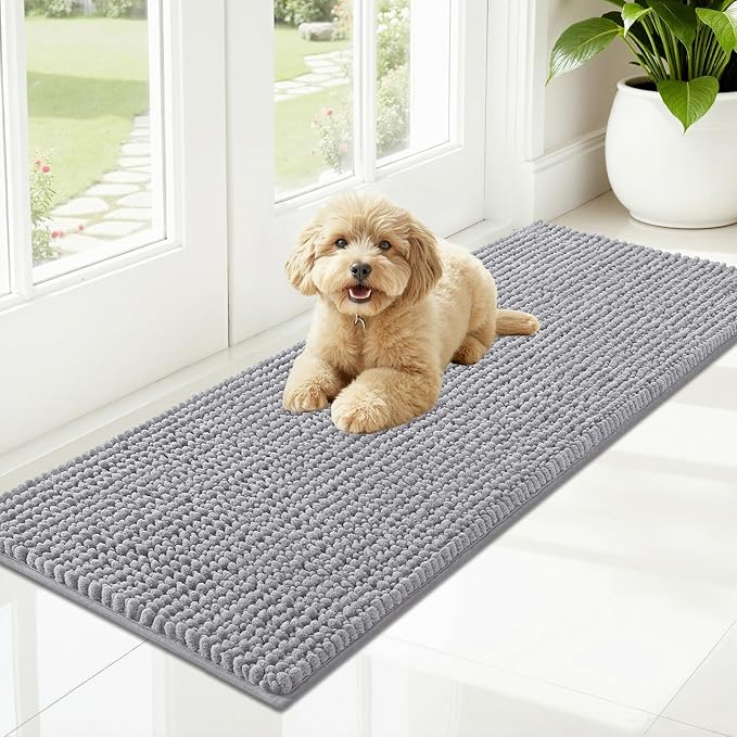 OLANLY Dog Door Mat for Muddy Paws 47x17, Ultra Absorbent Chenille Mud Doormat, Non-Slip Washable and Dirt Trapping Doormat for Indoor Entryway, Quick-Dry Indoor Pet Bed Mats for Dogs, Light Grey