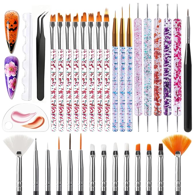 Artdone 34pcs Nail Art Brushes, Nail Art Tool Set, Dotting Tools, Dust Striping Brushes for Long Lines, Drawing Pen Kit For Gel Polish Design Supply