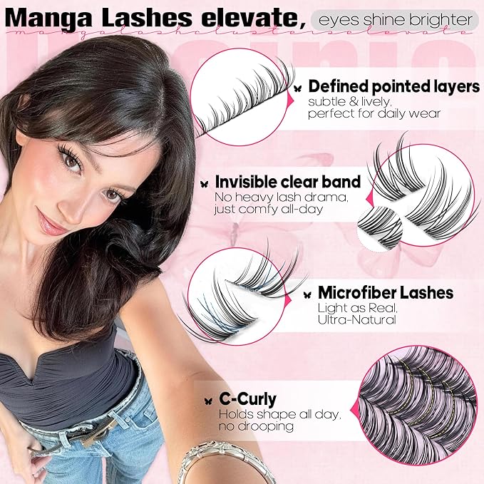 Manga Lash Clusters Bunny Eyelash Clusters Natural Cluster Eyelash Extensions Wispy Lashes Clusters Daily C-Curl Individual Lashes 8-14mm Invisible Band Eyelashes Clusters 180pcs DIY Lash Extension
