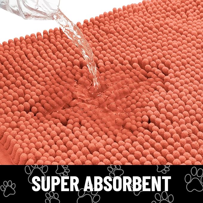 Smiry Dog Door Mat for Muddy Paws, Absorbent Dirt Trapper Non Slip Quick Dry Washable Chenille Mat for Mud Dogs, Entry Rug for Indoor and Outdoor (36x24 Inches, Coral and White)