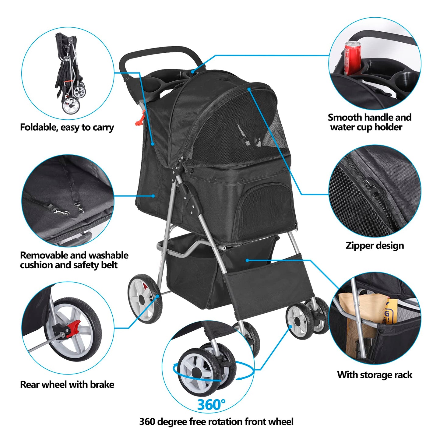 Epetlover Pet Stroller for Dogs, Black 4 Wheels Cat Strolling Cart Foldable Travel Carrier, Waterproof Puppy Jogger Stroller with Storage Basket & Cup Holder