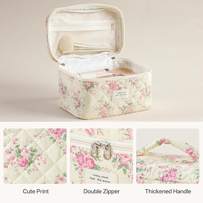 HBselect Quilted Makeup Bag, 3PCS Cotton Large Travel Makeup Bag, Cute Floral Coquette Make up Bag Cosmetic Bag Toiletry Bag for Women Girls