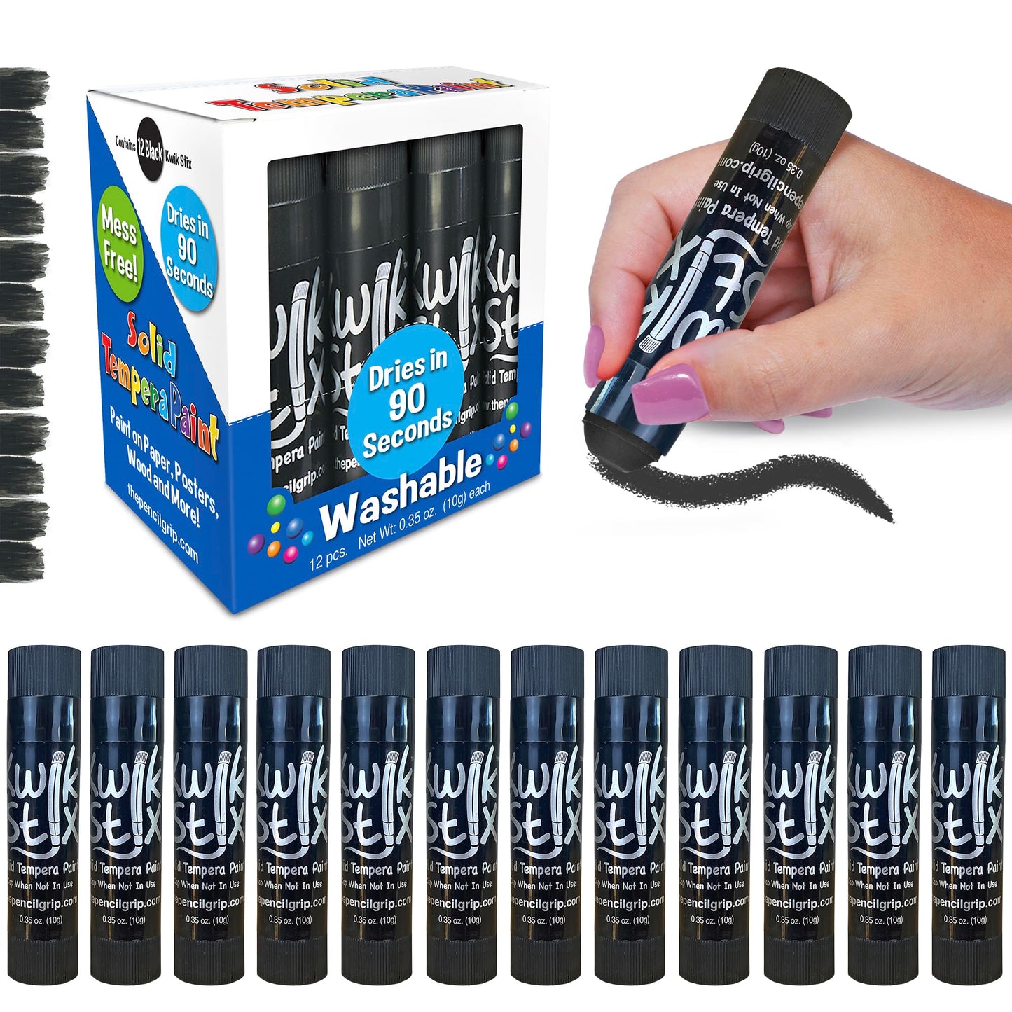 Kwik Stix Solid Tempera Paint Sticks – 12 Pack of Black – Same Color Washable, Quick Dry (90 Seconds), ASTM Certified, Non-Toxic, Allergen-Free Kids & Toddler Art Supplies for Home, School & Crafts