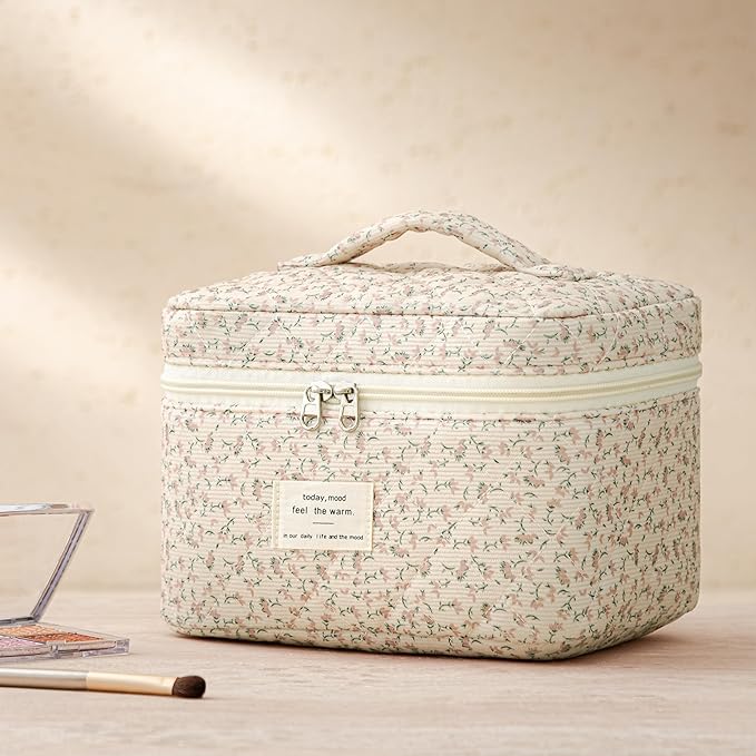 HBselect Quilted Makeup Bag, 3PCS Cotton Large Travel Makeup Bag, Cute Floral Coquette Make up Bag Cosmetic Bag Toiletry Bag for Women Girls