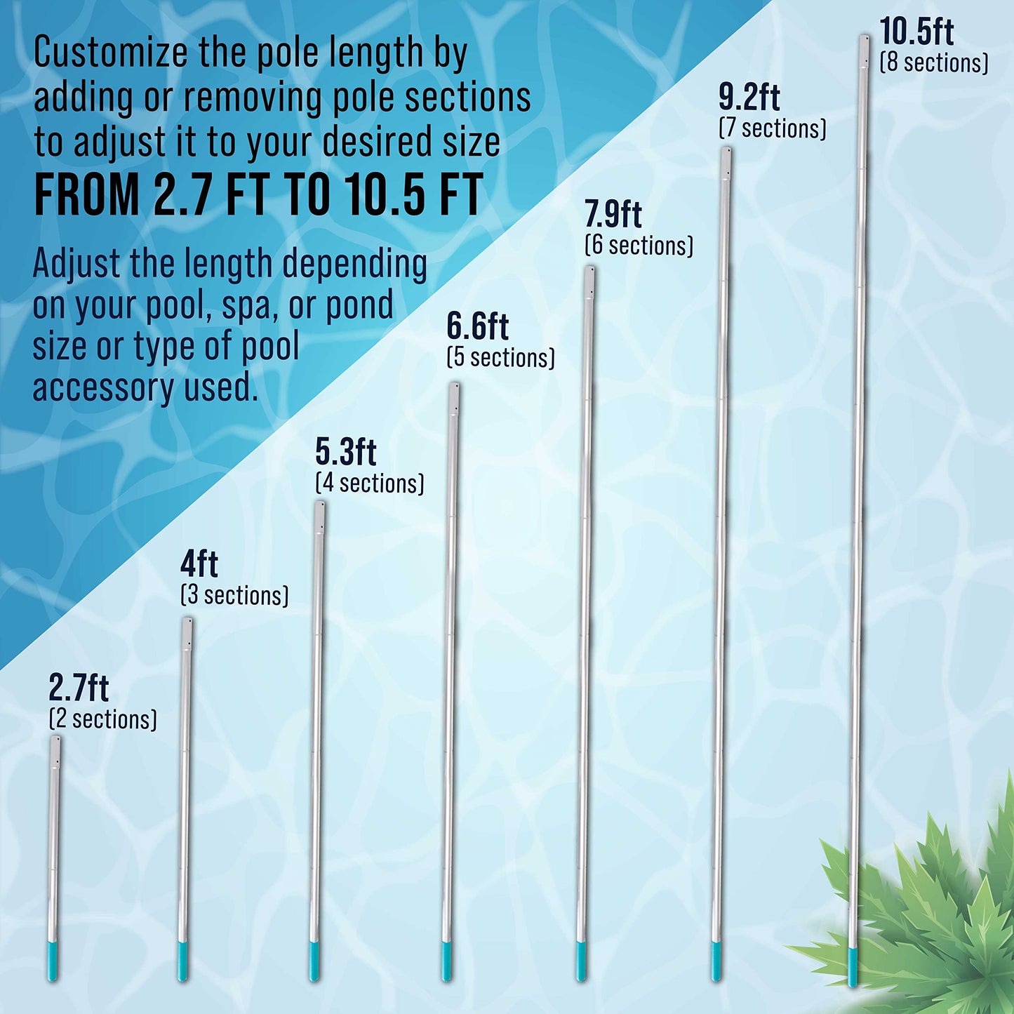 U.S. Pool Supply Telescoping Pole 10.5 Foot Aluminum Pool Pole Telescopic Cleaning - 8 Adjustable Connecting Sections, Expandable Step-Up Length - Attach Connect Skimmer Net Rake Brush Vacuum Heads