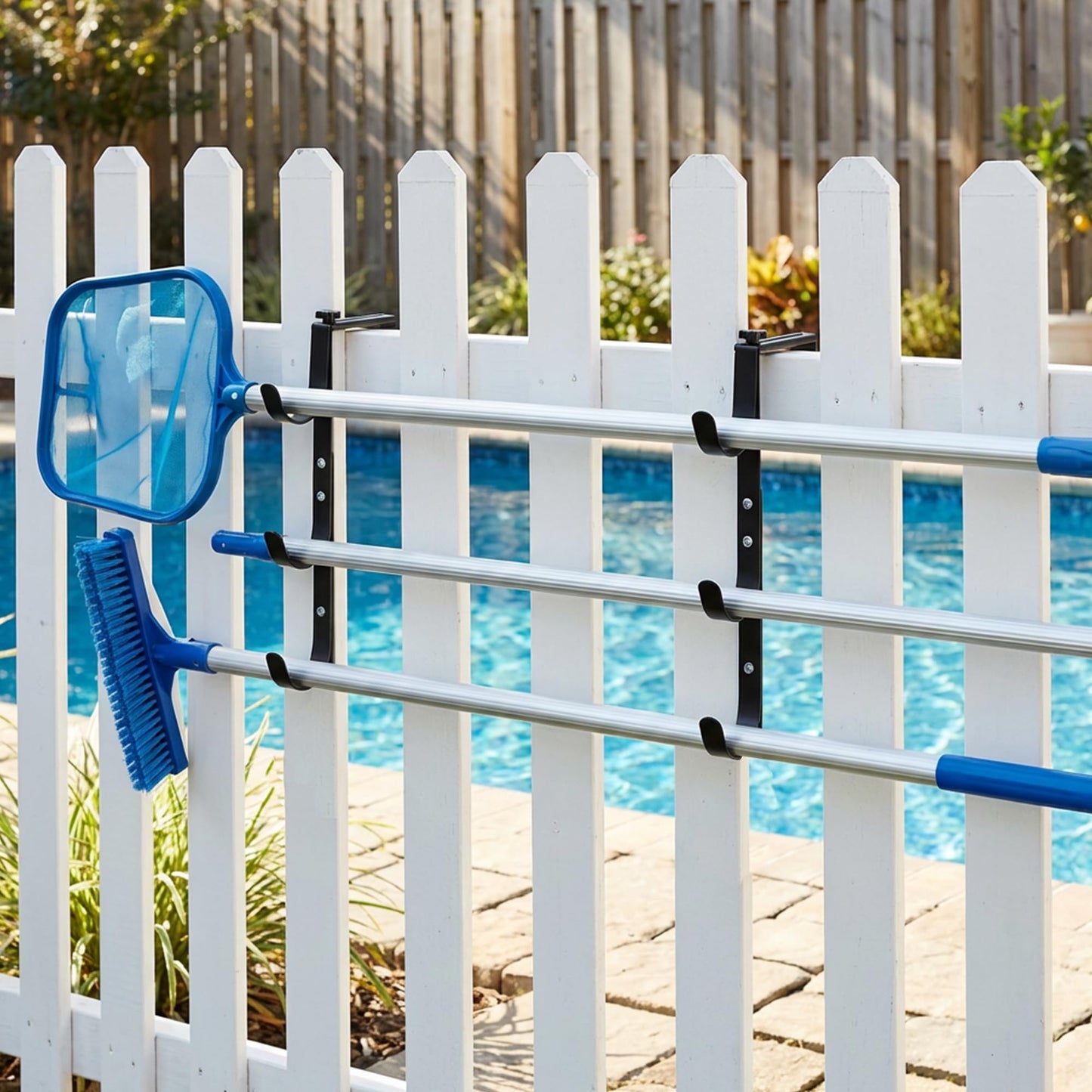 2 Pcs Black Pool Fence Hooks for Pool Equipment, Adjustable Pool Pole Hanger Holder, Rustproof Swimming Pools Skimmer Pole Hooks for Hanging Tool, Hose, Leaf Rakes, Nets Pool-Accessories (Black)