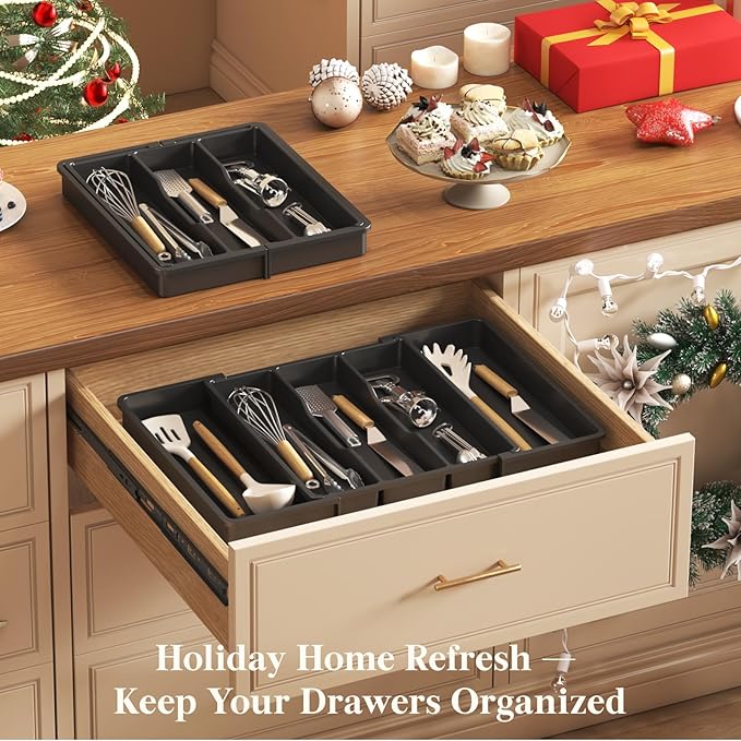 Lifewit Utensil Organizer for Kitchen Drawers, Expandable Cooking Utensil Tray, Adjustable Cutlery Silverware Flatware Holder, Plastic Spatula Tools Storage Divider, 13-22 x 15", Black