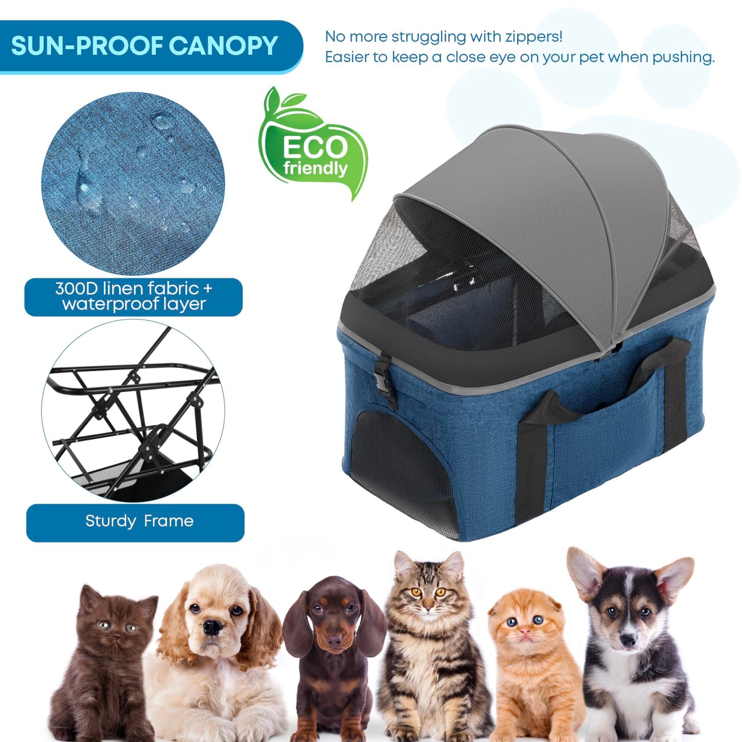 2-in-1 Foldable Pet Stroller with Canopy, 4 Wheels Pet Strolling Cart for Small/Medium Dogs and Cats with Removable Carrier,Breathable Mesh,Mom Tote Bag,Cup Holders,Easy Assembly,Grey+ Green