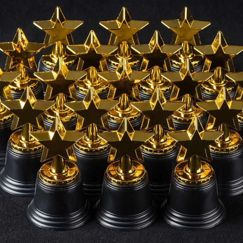 24 Pack Mini Star Trophy Awards Bulk (4.5 Inch), Plastic Gold Star Trophies For Halloween Party Favors, Goodie Bags, Kid Classroom School Reward, Sports Tournament Winning Prize, Hollywood Event Props
