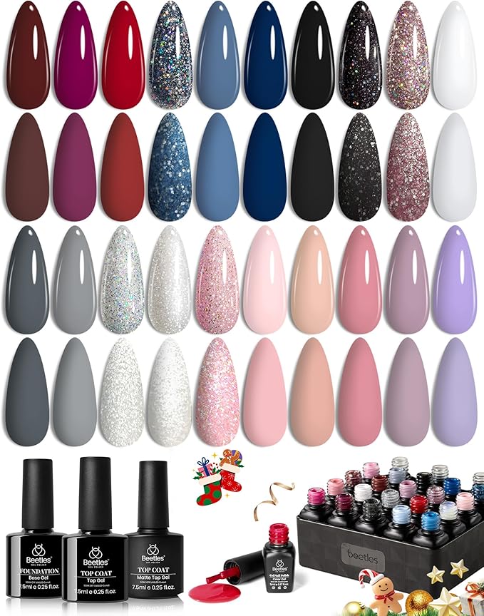Beetles Gel Polish Kit, Nude Gray Pink Blue Burgundy Glitter Gel Polish Set Modern Muse Collection with 3Pcs Base Matte Glossy Top Coat Soak off Uv Gel for Women