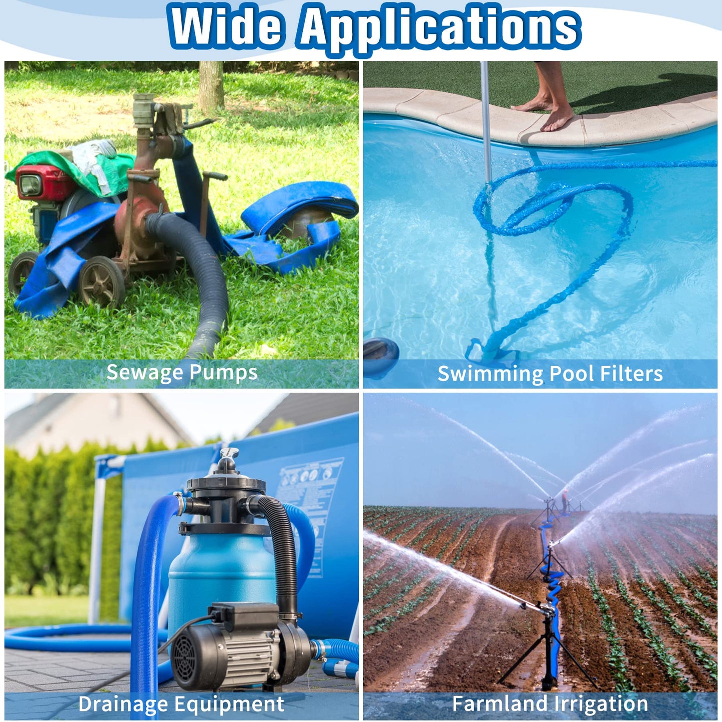 2 IN x 60FT Pool Backwash Hose Heavy Duty Drain Discharge Double PVC Layflat Hose with 2 Clamps, Weatherproof Burst Resistant for Water Transfer, Sump Pump, Pool Filter, Pool Drain (18.3M, Blue)
