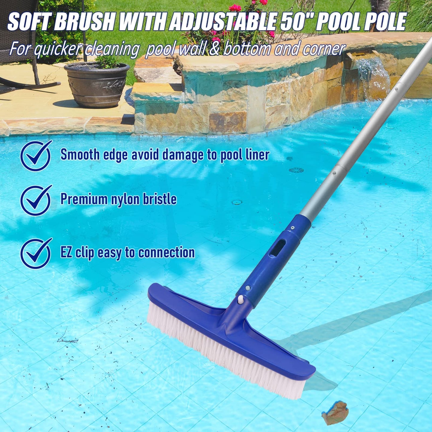 Poolvio Swimming Pool Cleaning Kit, 14'' Brush Head & 50'' Telescopic Aluminum Pole with Fine Mesh Skimmer Net - Perfect for Above Ground Pools, Spas, Hot Tub Fountains Blue (PK0140)