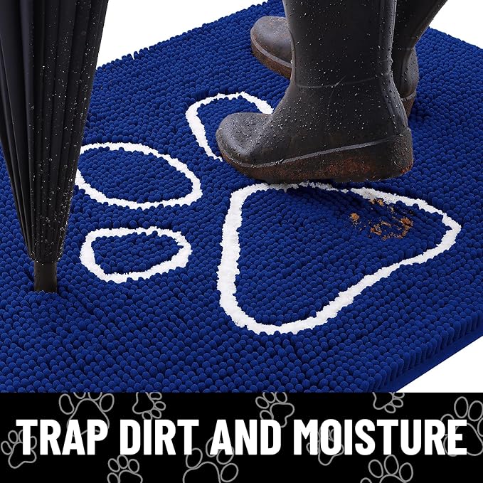 Smiry Dog Door Mat for Muddy Paws, Absorbent Dirt Trapper Non Slip Quick Dry Washable Chenille Mat for Mud Dogs, Entry Rug for Indoor and Outdoor (36x24 Inches, Royal Blue and White)