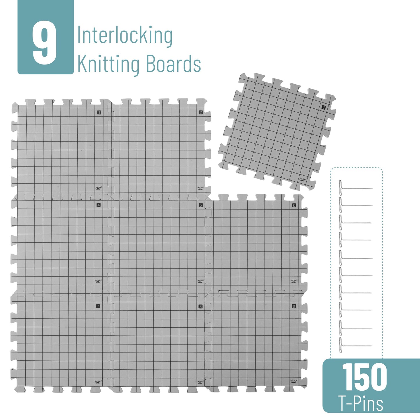 Mr. Pen- Blocking Mats for Knitting & Crochet Projects, 12" x 12", 9 Pack with 150 pcs T-Pins, Gray Aligned Grid Knitting Blocking Mats and Pins, Water & Heat Resistant