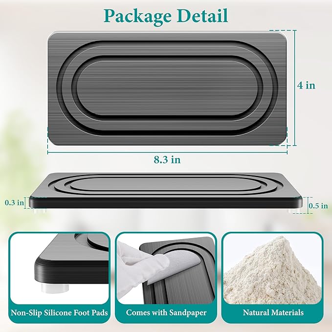 Water Absorbing Stone Tray for Sink, Quick Drying Diatomite Bathroom Tray Countertop, Stone Drying Mat for Kitchen Counter Faucet, Soap Dish Dispenser Vanity Organizer, Dark Grey-B-8.3" x 4"