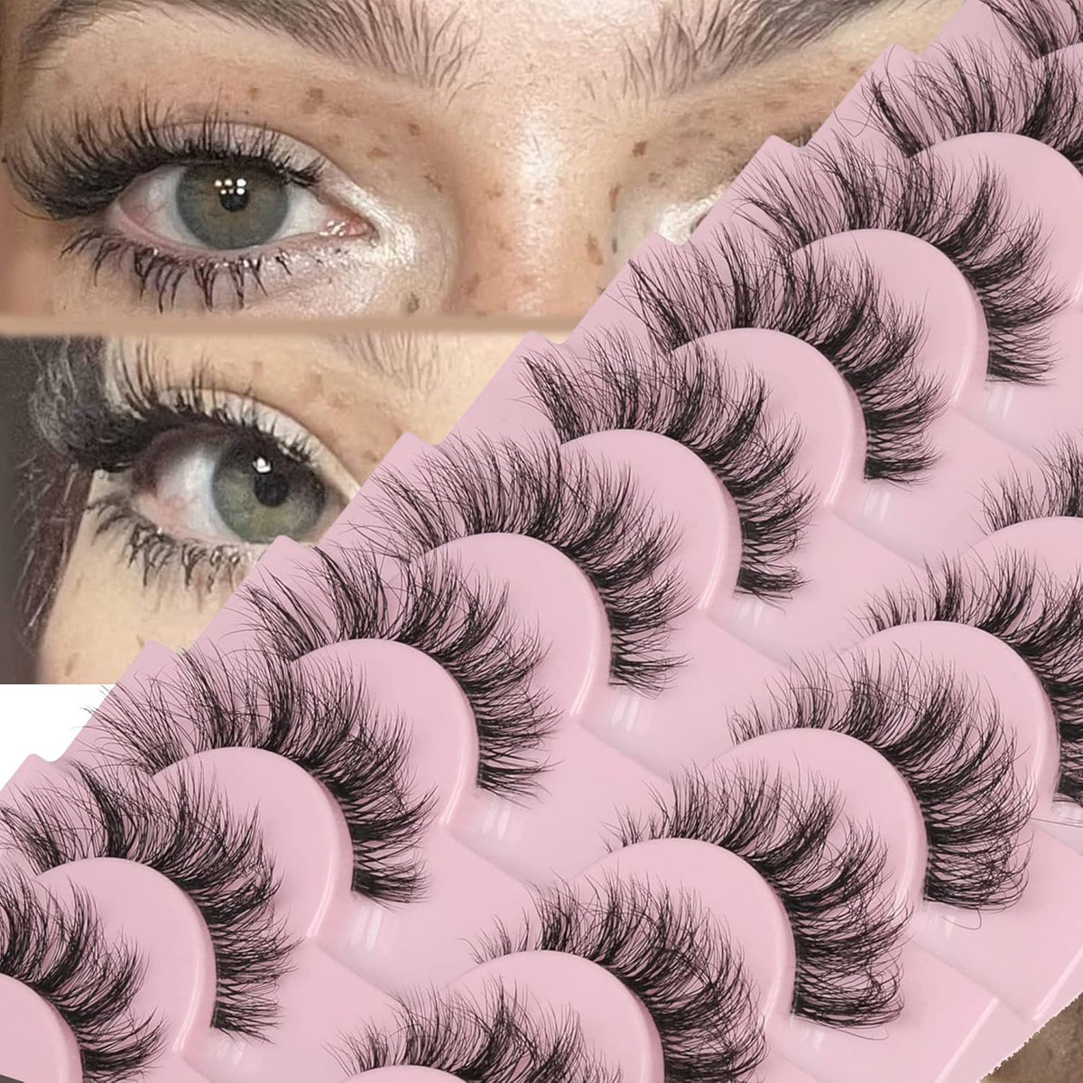 FANXITON Mink Lashes with Clear Band 15 MM 10 Pairs Cat-Eye Lashes Natural Look False Eyelashes Pack Wispy Eyelashes 3D Faux Mink Eyelashes