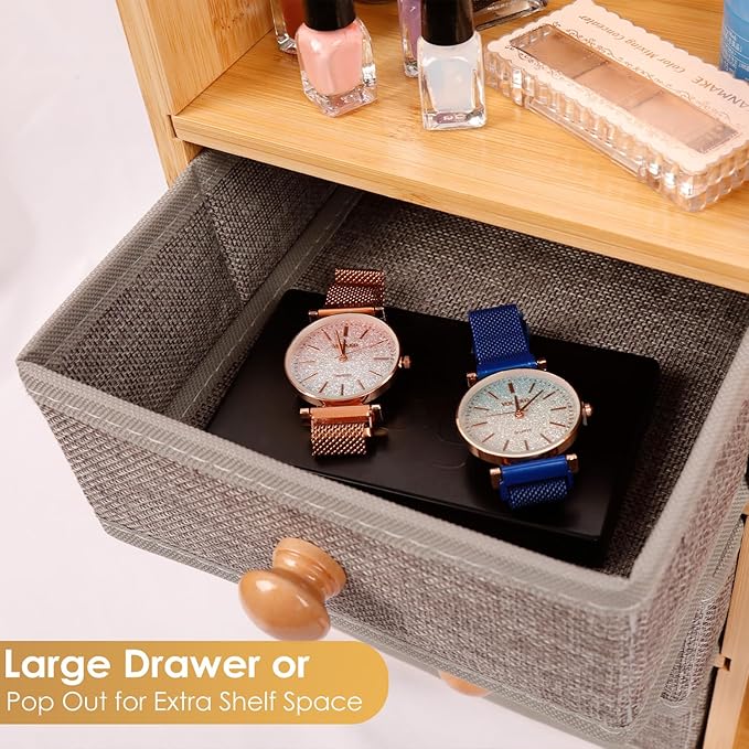 Large Makeup Organizer For Vanity, Large Capacity 3 Tiers Bamboo Bathroom Counter Organizers and Storage, Countertop Makeup Brush Holder, Nail Polish Perfume Stand with 3 Drawers and 10 Compartments
