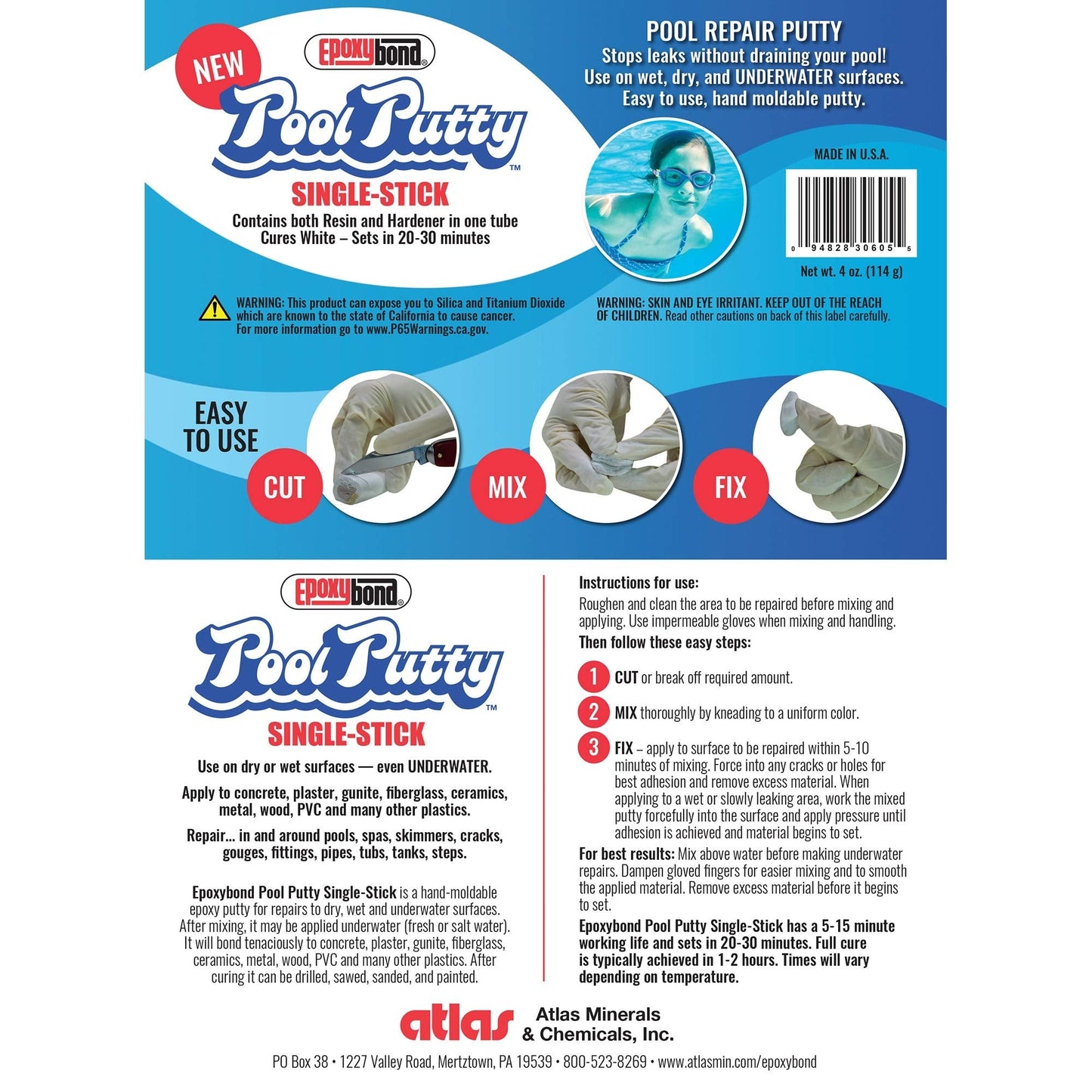 Epoxybond Pool Putty Single-Stick 4 oz | Pool & Spa Repair | Easy for Anyone to DIY | Works Underwater or Above | Fix Cracks Leaks in Concrete, Fiberglass & Other Surfaces | by Atlas Minerals
