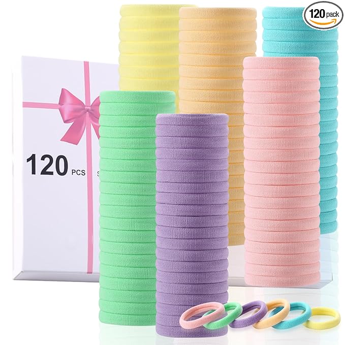 LuSeren 120 Pcs No Damage Thick Hair Ties, Large Soft Seamless Nylon Cloth Hair Elastics for Women, Light Color