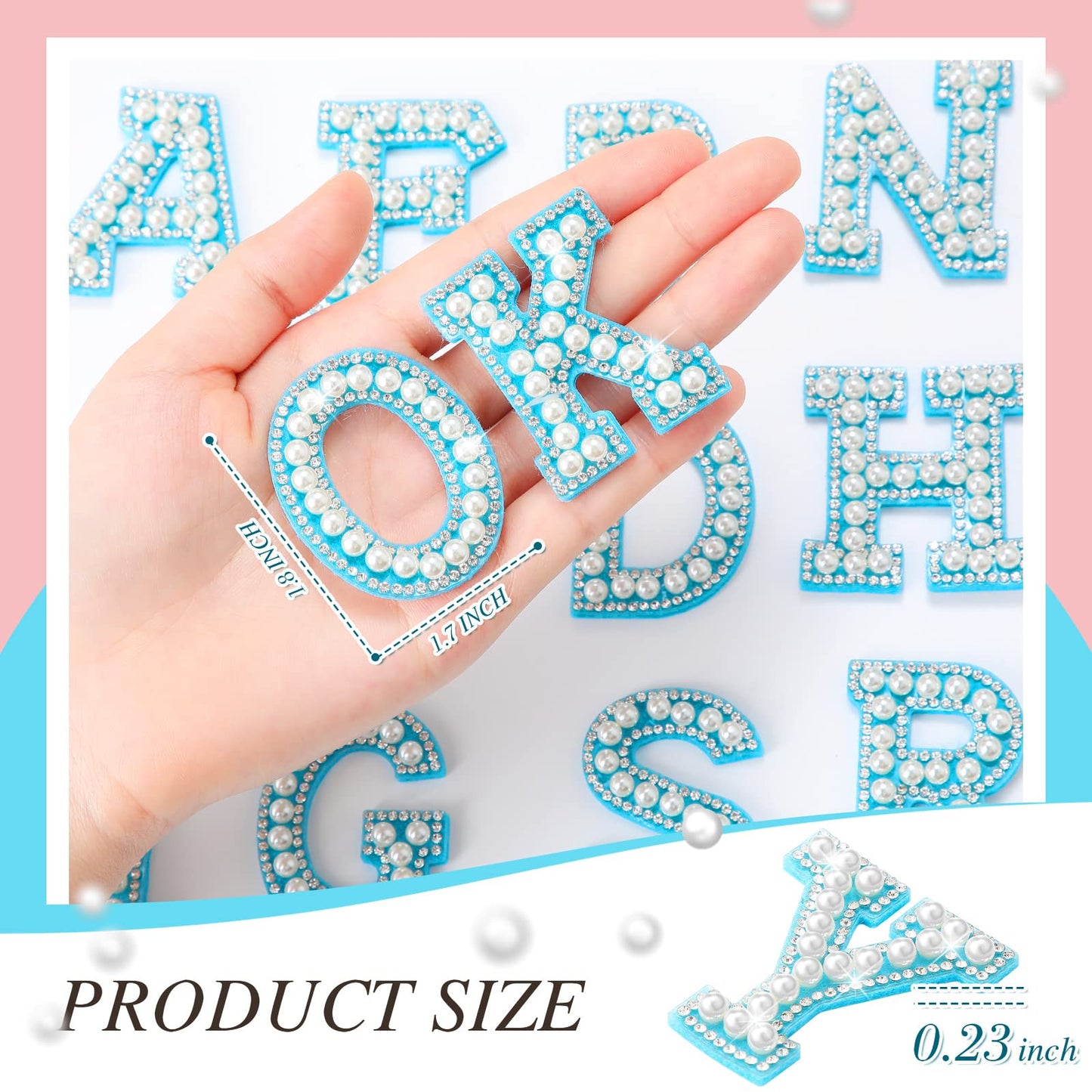 WILLBOND 52 Pieces Self Adhesive Pearl Rhinestone Letter Patches A-Z Glitter Letter Stickers Pearl Alphabet Appliques for Clothes Hat Backpack, Wedding Graduation Mother's Day DIY Crafts(Blue)