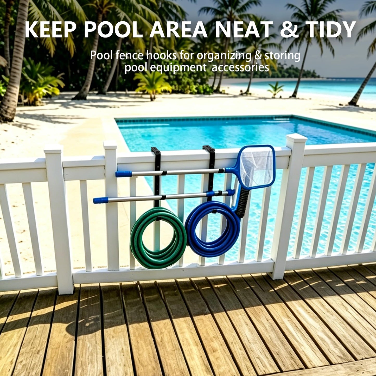 2 Pack Upgraded 3-Tier Pool Fence Hooks for Pool Equipment, Adjustable Heavy Duty Pool Pole Hanger Holder, Rustproof Hooks for Pool Skimmer Pole Vacuum Hose Net Leaf Rakes Garden Tool Organizer